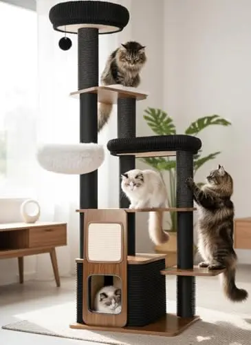 Purrlato 63-inch modern cat tree in jet black with clean lines, a large top perch, and cat condos