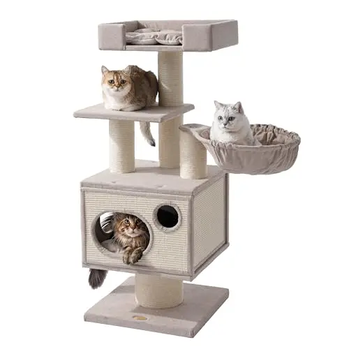 Sopapets Maine Coon cat tree in beige with a plush bed, condo, basket, and multiple scratching posts