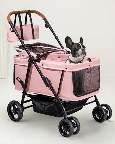 OJCME heavy-duty extra large dog stroller in pink or navy, showing spacious cabin and storage basket.