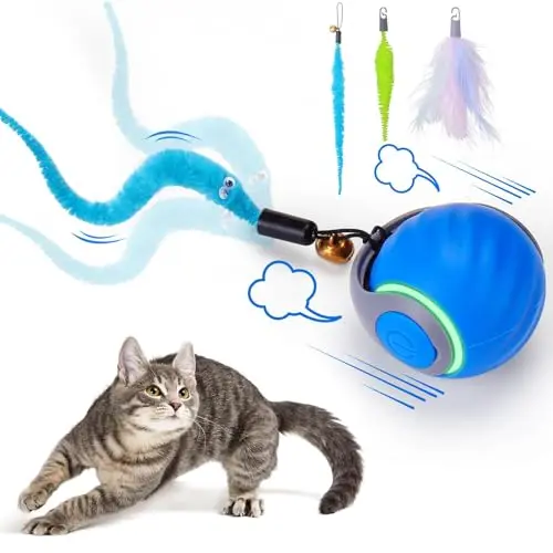 Dr. Fluffyyes blue interactive cat toy ball with a fluffy tail