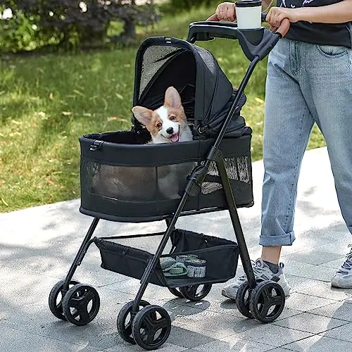 Zoosky 3-in-1 pet stroller with removable carrier, shown as a stroller and car seat