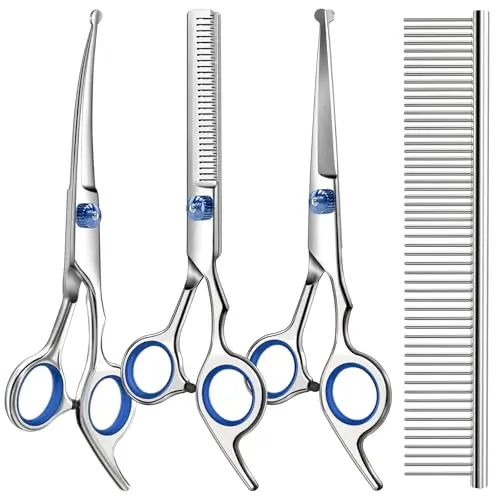Saccison blue professional dog grooming scissors kit with straight, curved, and thinning shears