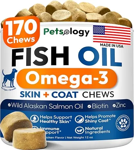 Petsology omega-3 chews for dogs in a jar with chicken flavor