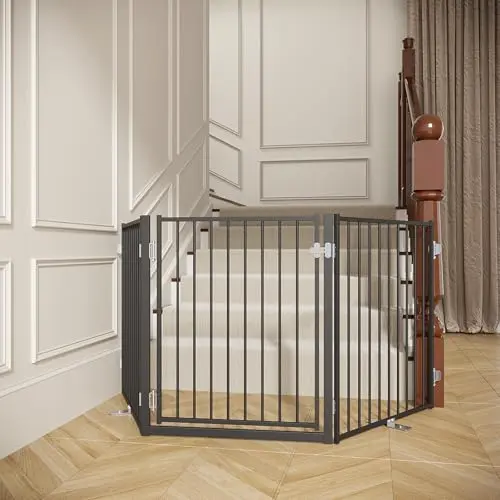 NO PAWBLEMS black freestanding metal dog gate with a walk-through door on a deck