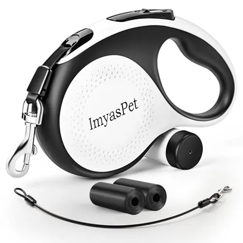 ImyasPet white retractable dog leash with chew-proof cable and bag holder