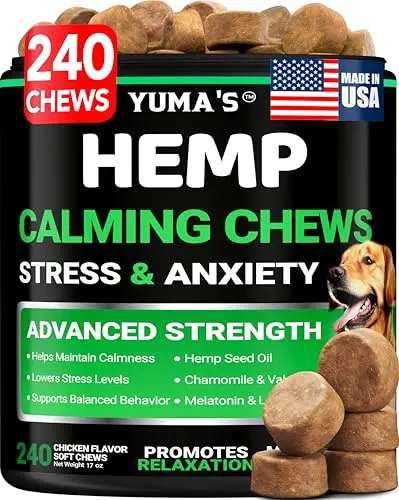 YUMA'S Hemp Calming Chews for dogs in a bag with chicken flavor