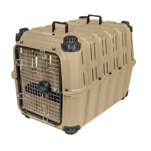 Mammoth Guardian heavy-duty metal dog kennel in desert sand tan, featuring detachable wheels.