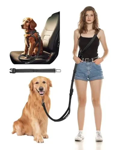 WANFIRE black hands-free dog leash that transforms into a car seatbelt, showing adjustable length