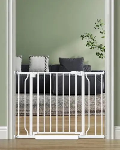 Cideny white auto-close pressure mounted pet gate with low profile bottom