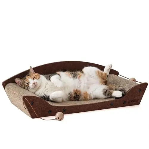 ZOMISIA large brown cardboard cat scratcher couch with curved armrests and bell toys
