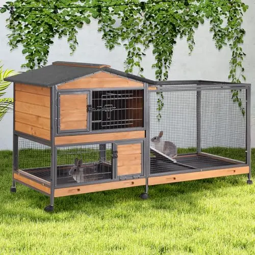 GUTINNEEN brown two-story rabbit hutch with a full metal frame