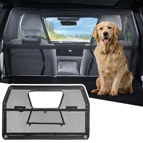 JOYTUTUS dog car barrier with a clear plastic visual window installed behind car seats.