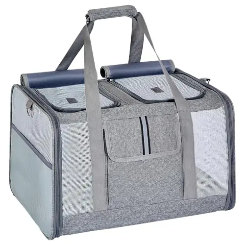 Lawfery grey soft-sided cat carrier with roll-up curtains, two compartments, and a front storage pocket.