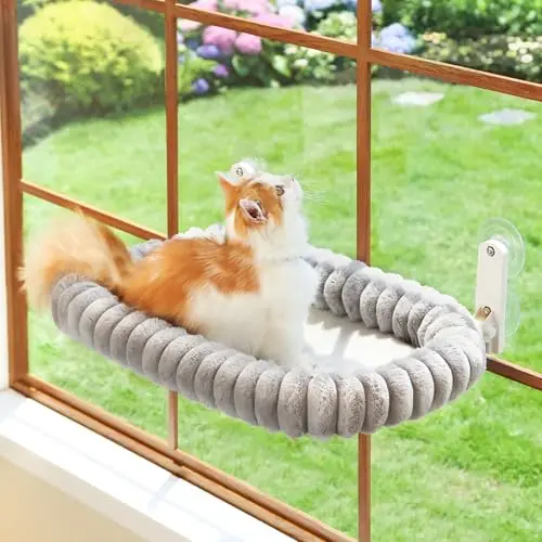 Zakkart SnugCloud foldable cat window perch with gray faux rabbit fur bed