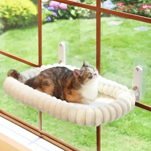 Zakkart foldable cream-white cat window perch with a 4-sided bolster bed