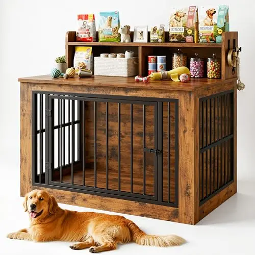 IRONCK brown wooden dog crate furniture with storage shelf and hooks