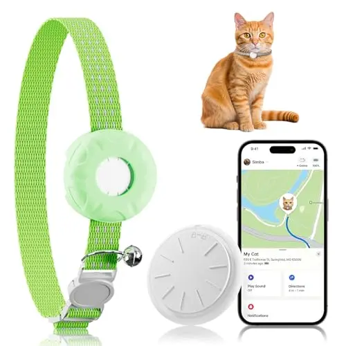 White GPS tracker with green cat collar, compatible with Apple Find My