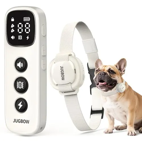 Jugbow shock collar for small dogs on a miniature dog, showing lightweight design