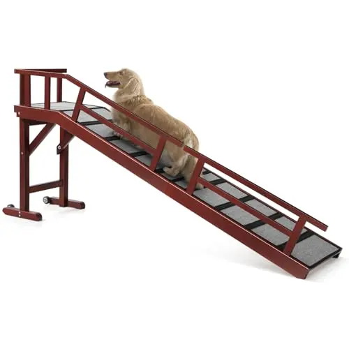 KUVETO mahogany dog ramp with side rails and wheels next to a couch