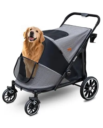 Dog stroller with hydraulic shock absorption and mesh doors for easy pet access