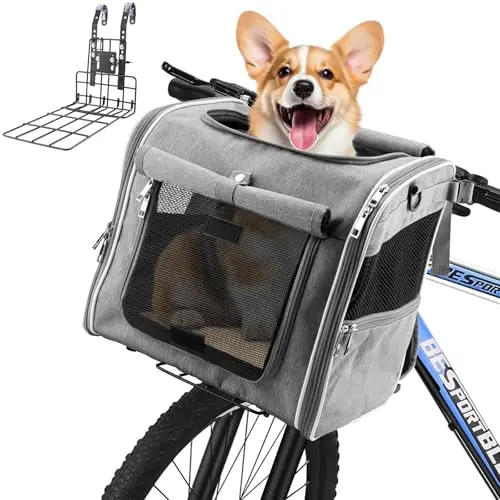 Xixter dog bike basket in gray, showing metal bracket and foldable carrier