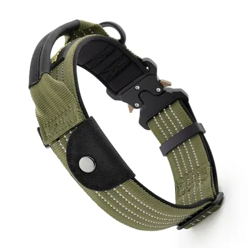 Plutus Pet ranger green tactical dog collar with AirTag pocket and leather-wrapped handle