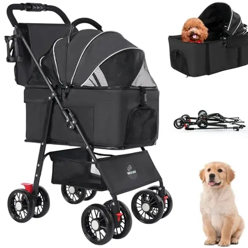 3 in 1 pet stroller in black with removable carrier basket and cup holder