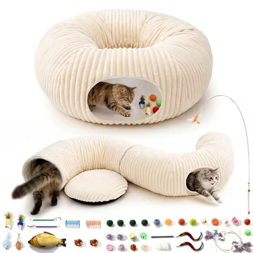 MOYMO collapsible cat tunnel bed with included toys for indoor play