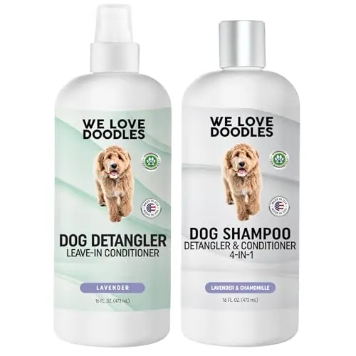 We Love Doodles dog shampoo and detangler spray bundle for Goldendoodles