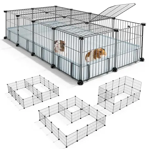 BUCATSTATE black 20-panel guinea pig cage with a full wire top cover and a grey waterproof floor mat.