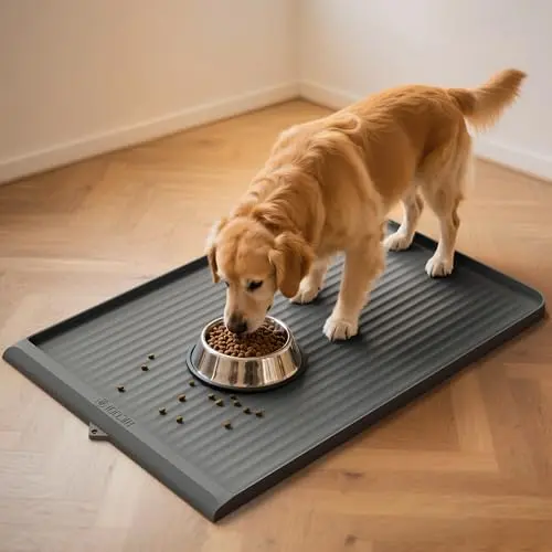 Large waterproof pet feeding mat with raised edges and diversion grooves