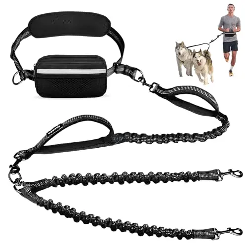 Uppetly black double dog leash with waist bag and 360-swivel clasp
