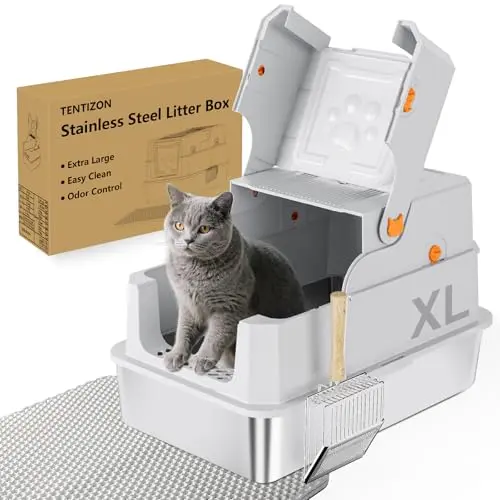 TENTIZON stainless steel cat litter box with flip top lid