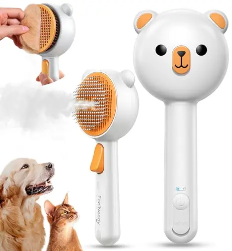 FEELNEEDY pet steam brush with orange handle and mist spray feature
