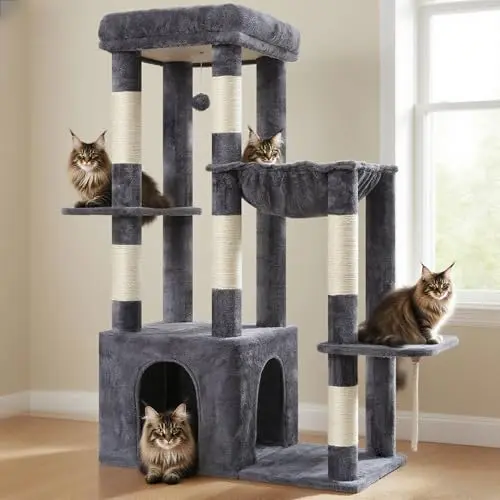 Heybly Heavy Duty Cat Tree in smoky gray with a large base, multiple levels, and sisal scratching posts