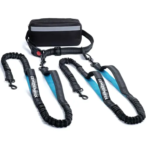CEMZENFIX black hands-free double dog leash with bungee sections and waist belt pouch