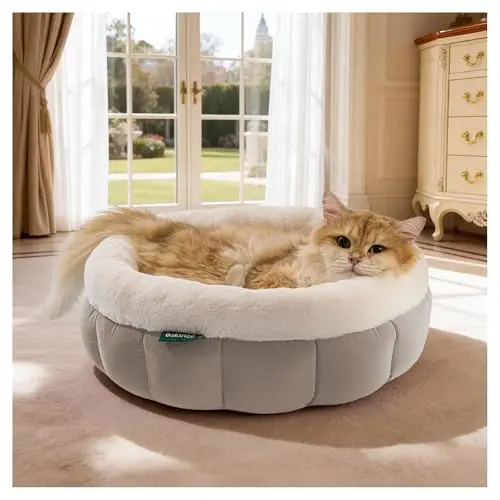 BALANCE goat-colored round donut cat bed with faux fur material
