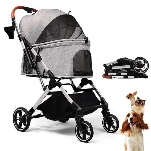 Bicystar collapsible pet stroller with grey fabric and all-terrain wheels