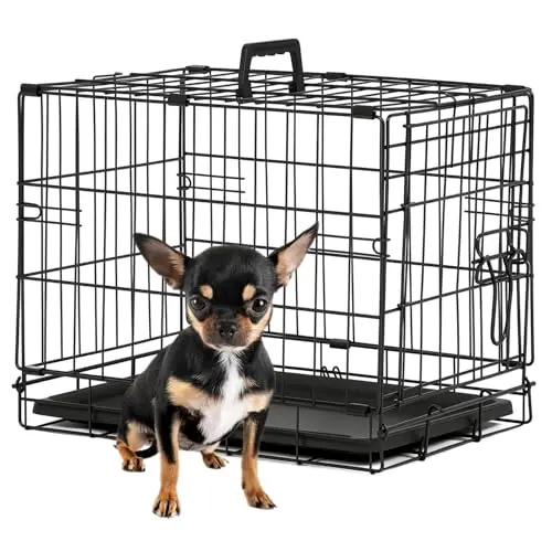 Small black metal dog crate with single door for travel and indoor use
