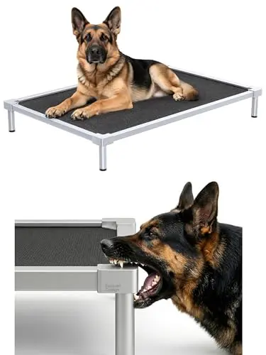 Pronest elevated dog bed with silver aluminum frame and chew-proof fabric
