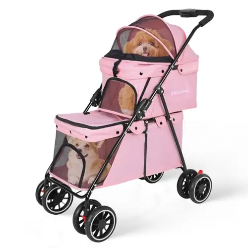 Pink double pet stroller with lightweight frame and shock-absorbing wheels