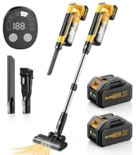 Qimedo V1 yellow cordless vacuum cleaner with an extra battery pack.