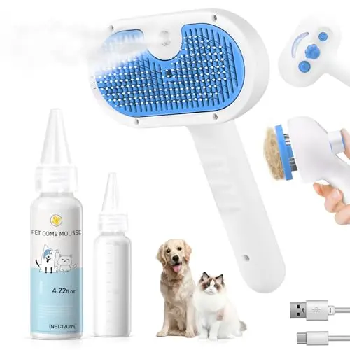 LetsFeed pet steam brush with waterless shampoo and self-cleaning