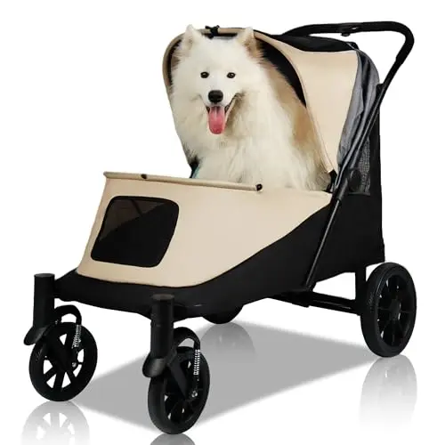 Dog stroller with one-click folding mechanism and breathable mesh for medium to large dogs