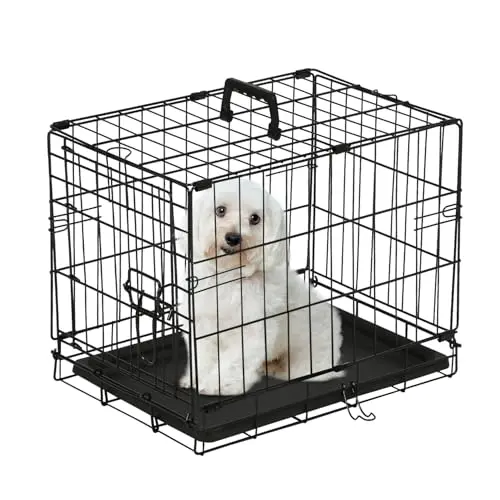 Black metal dog crate with single door and removable tray for small breeds
