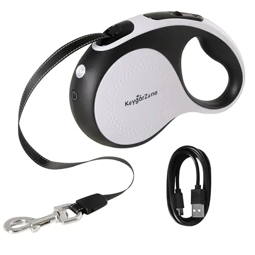 Keygarzone white retractable dog leash with built-in LED light