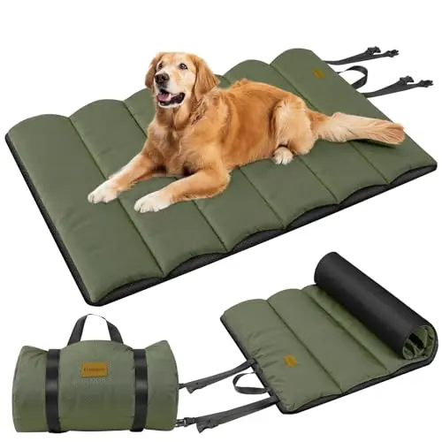 Gimars green outdoor dog bed with roll-up buckles and carry straps