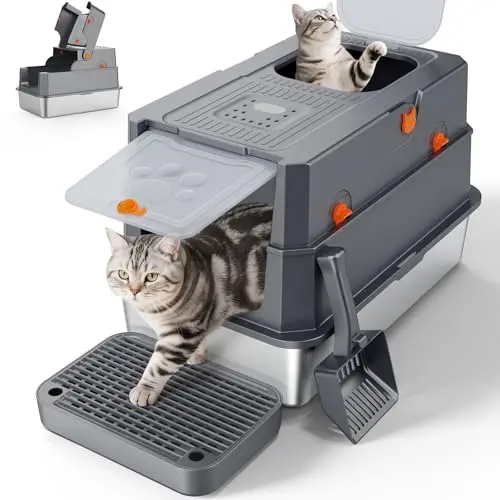 FURTIME stainless steel litter box with dual entry and flip-top