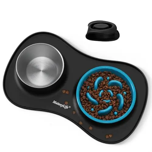 MateeyLife dog bowl set with slow feeder bowl, stainless steel bowl, and a large silicone mat