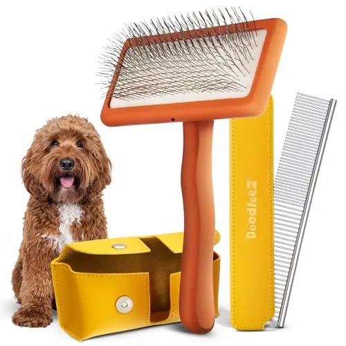 Doodleez grooming kit with slicker brush, comb, and leather cases